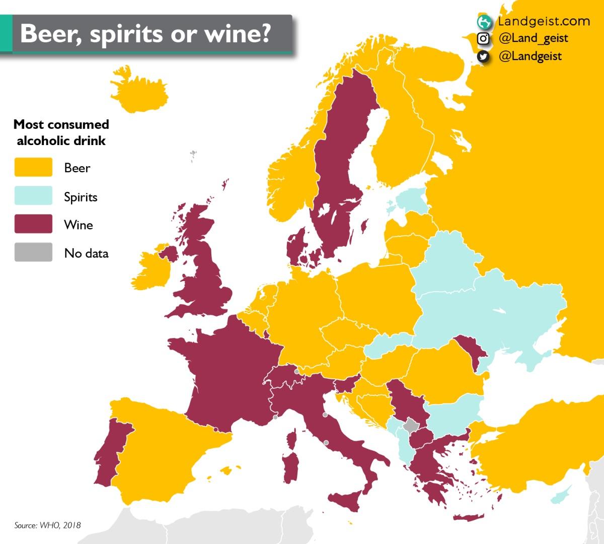 Dominujący alkohol w Europie - wino, piwo, wódka, 2018