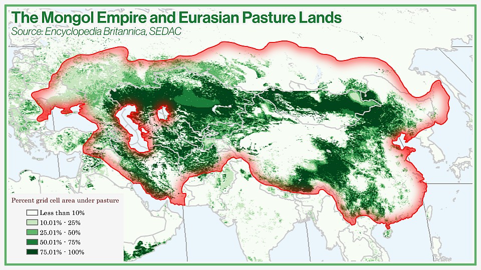 Mapa imperium mongolskiego nałożona na globalną mapę pastwisk