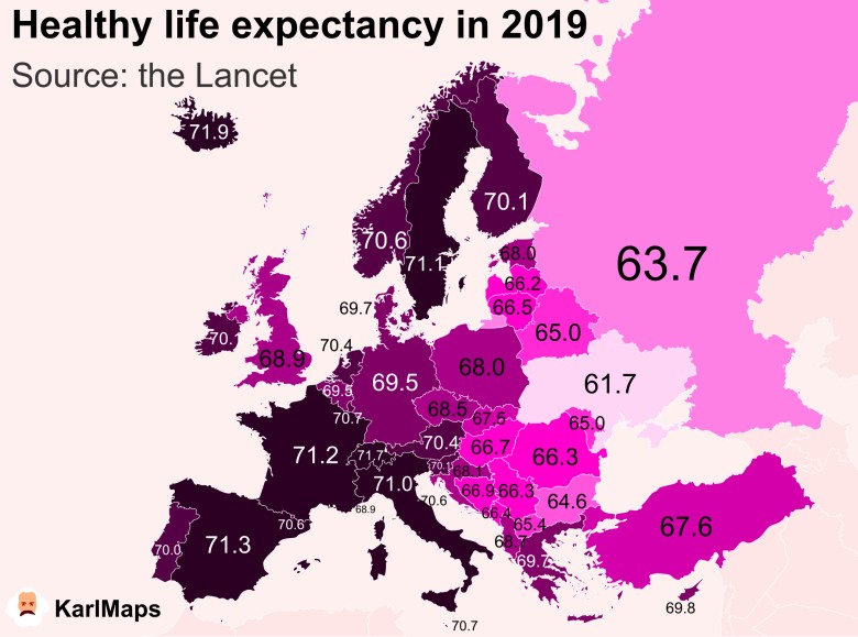 Oczekiwana długość życia w Europie, 2019