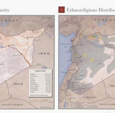 Mapa etnoreligijna, gęstości zaludnienia Syrii i Iraku, na podstawie danych CIA