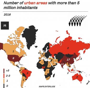Kraje z największą liczbą największych obszarów miejskich (ponad 5 mln mieszkańców), 2016