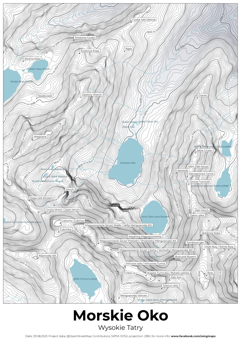 Hipsometryczna mapa obszaru Morskiego Oka, Tatry Wysokie