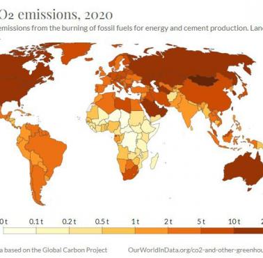 Emisja CO2 na osobę na świecie w 2020 roku