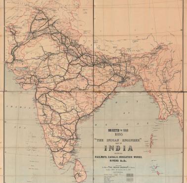 Mapa infrastruktury kolejowej i kanałowej (drogi śródlądowe) Indii z 1898 roku