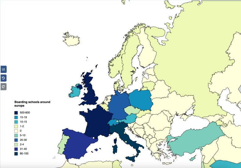 Ilość szkół z internatem w poszczególnych krajach Europy