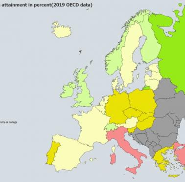 Europejczycy z wyższym wykształceniem według regionu i kraju, 2019