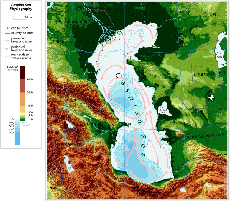 Mapa topograficzna obrzeży Morza Kaspijskiego z uwzględnieniem prądów, dopływów, głębokości ...