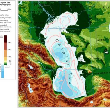 Mapa topograficzna obrzeży Morza Kaspijskiego z uwzględnieniem prądów, dopływów, głębokości ...