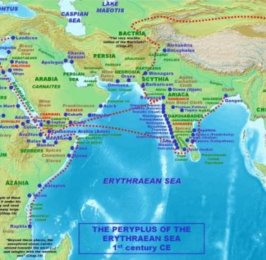 Główne szlaki handlowe świata (między Rzymem a Indiami i Chinami), w tym również Jedwabny Szlak, w I wieku wg. Periplusa