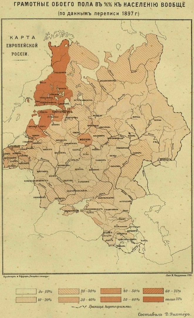 Umiejętność czytania i pisania (analfabetyzm) w europejskiej części imperium rosyjskiego, 1897