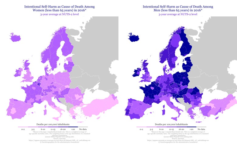 Wskaźniki samobójstw mężczyzn i kobiet w Europie, 2016