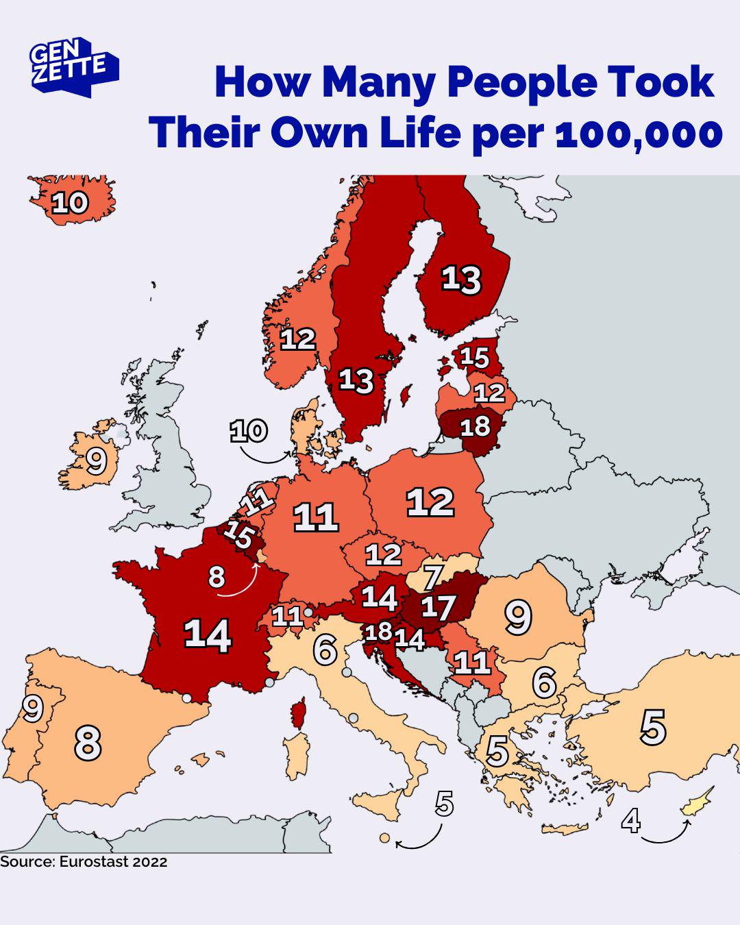 Ile osób popełniło samobójstwo w Europie w 2022 r.?  (na 100 tys. osób), Eurostat