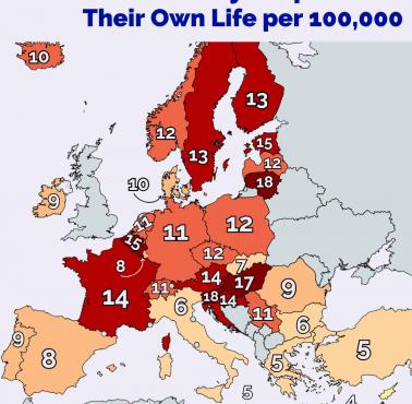 Ile osób popełniło samobójstwo w Europie w 2022 r.?  (na 100 tys. osób), Eurostat