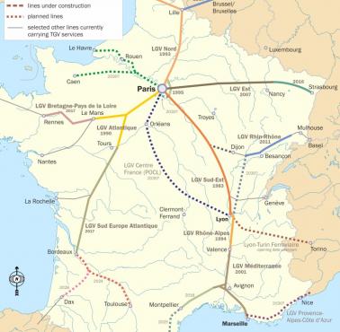 Francuski system kolei dużych prędkości "TGV" około 300 km/h, planowane i obecne trasy