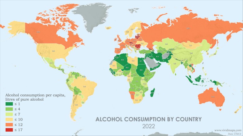 Spożycie alkoholu na mieszkańca według kraju, 2022