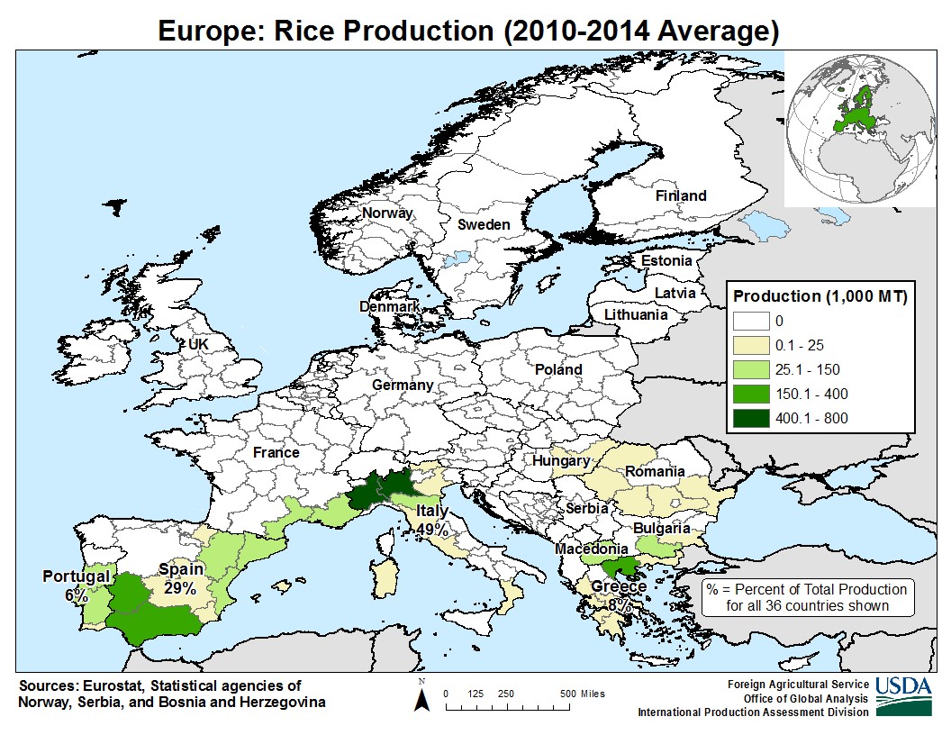 Najwięksi producenci (obszary) ryżu w Europie, 2010-2014