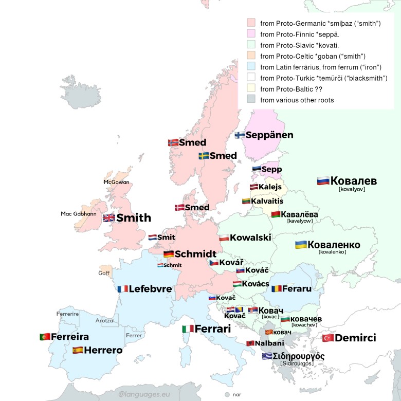 Słowo Kowalski (Smith) we wszystkich językach europejskich