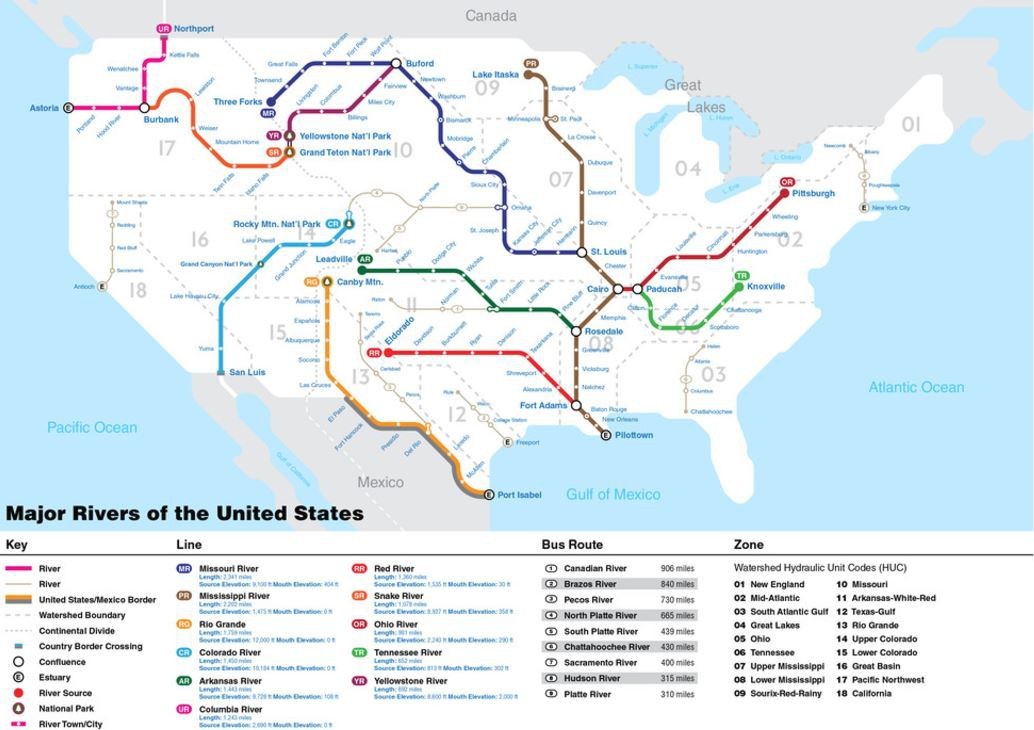 Największe rzeki USA przedstawione jak system metra