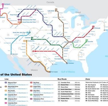 Największe rzeki USA przedstawione jak system metra