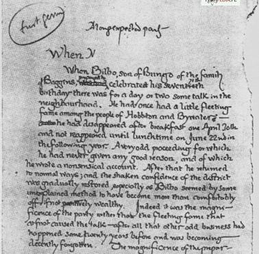 Pierwsza strona rękopisu trylogii Tolkiena.