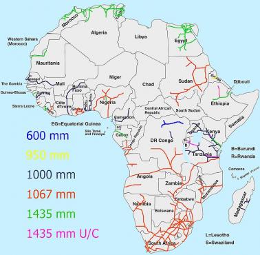 Sieć kolejowa w Afryce, 2021, z rozstawem szyn