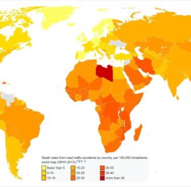 Wskaźniki śmiertelności w ruchu drogowym według kraju na 100 tys. (WHO, 2013)