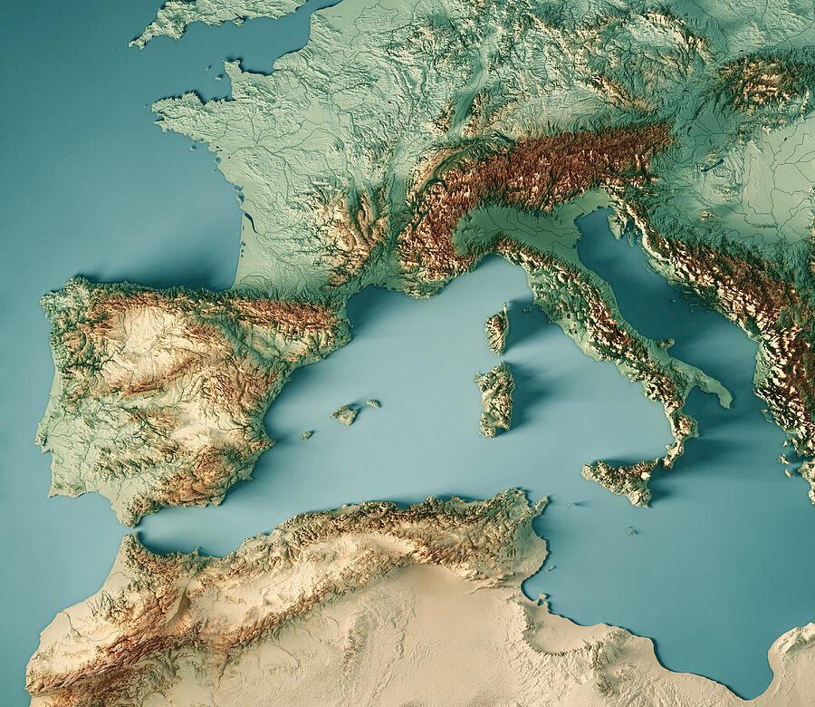 Reliefowa mapa południowo-zachodniej Europy, basen Morza Śródziemnego