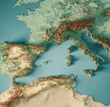 Reliefowa mapa południowo-zachodniej Europy, basen Morza Śródziemnego