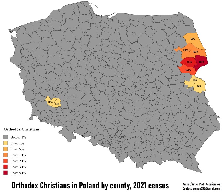 Prawosławni chrześcijanie w Polsce z podziałem na powiaty, 2021
