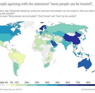 Stopień zaufania do innych ludzi w poszczególnych państwach świata, 2014