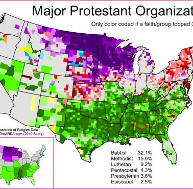 Protestanci (babtyści, metodyści, luteranie, prezbiterianie ...)  w USA z podziałem na hrabstwa, 2010