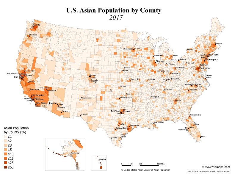 Populacja azjatów według hrabstw w USA, 2017