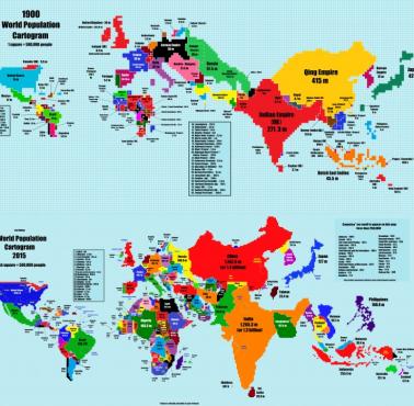 Kartogram z 1900 i 2015 roku - ludność świata z podziałem na państwa