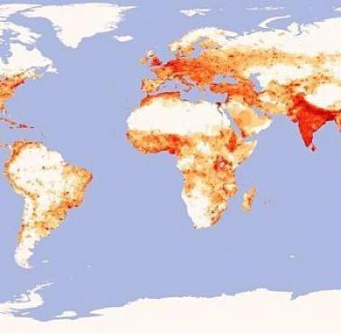 Mapka przedstawiająca skupiska ludzkie na Ziemi.