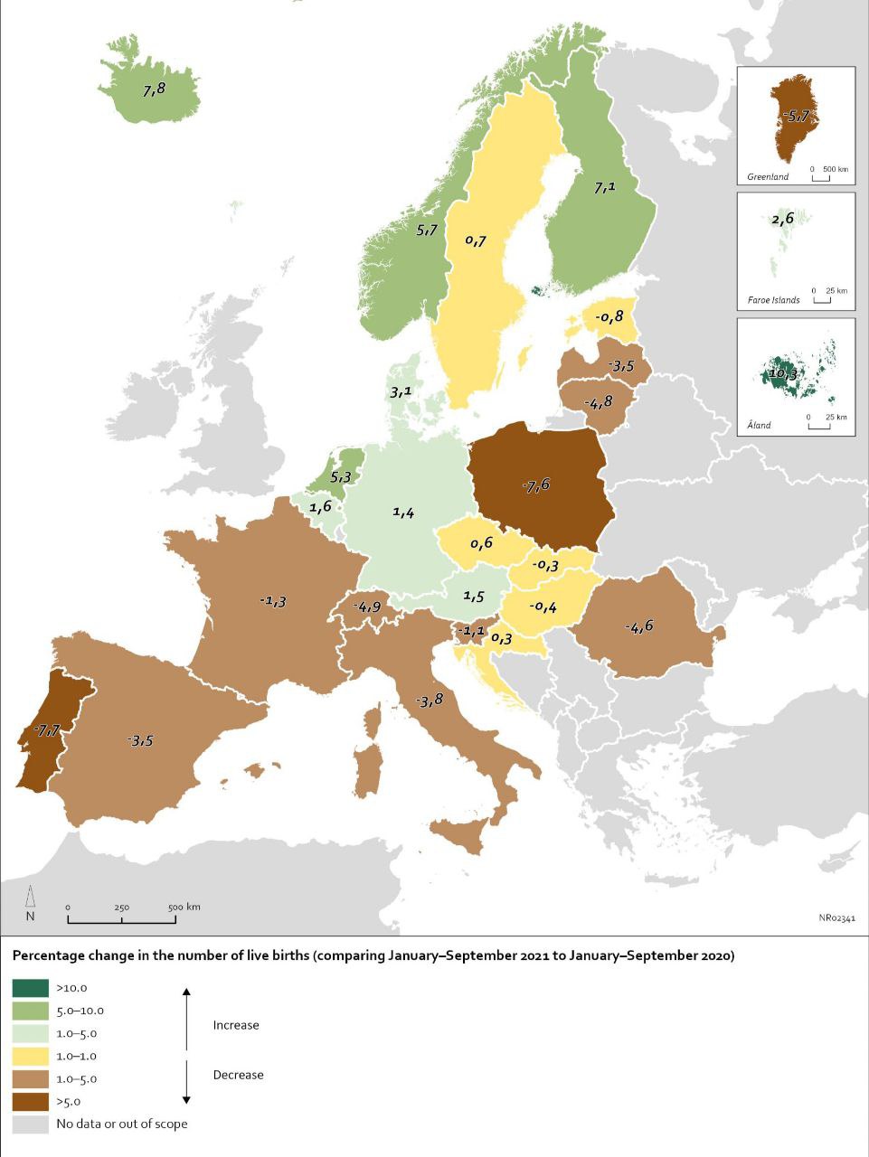 Zmiana liczby urodzeń w Europie, 2020-2021