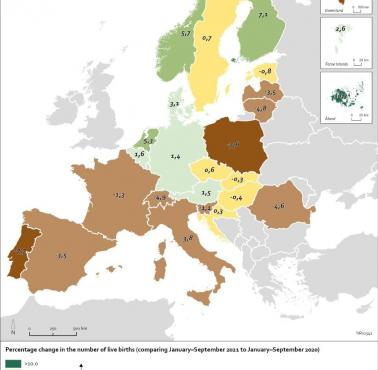Zmiana liczby urodzeń w Europie, 2020-2021
