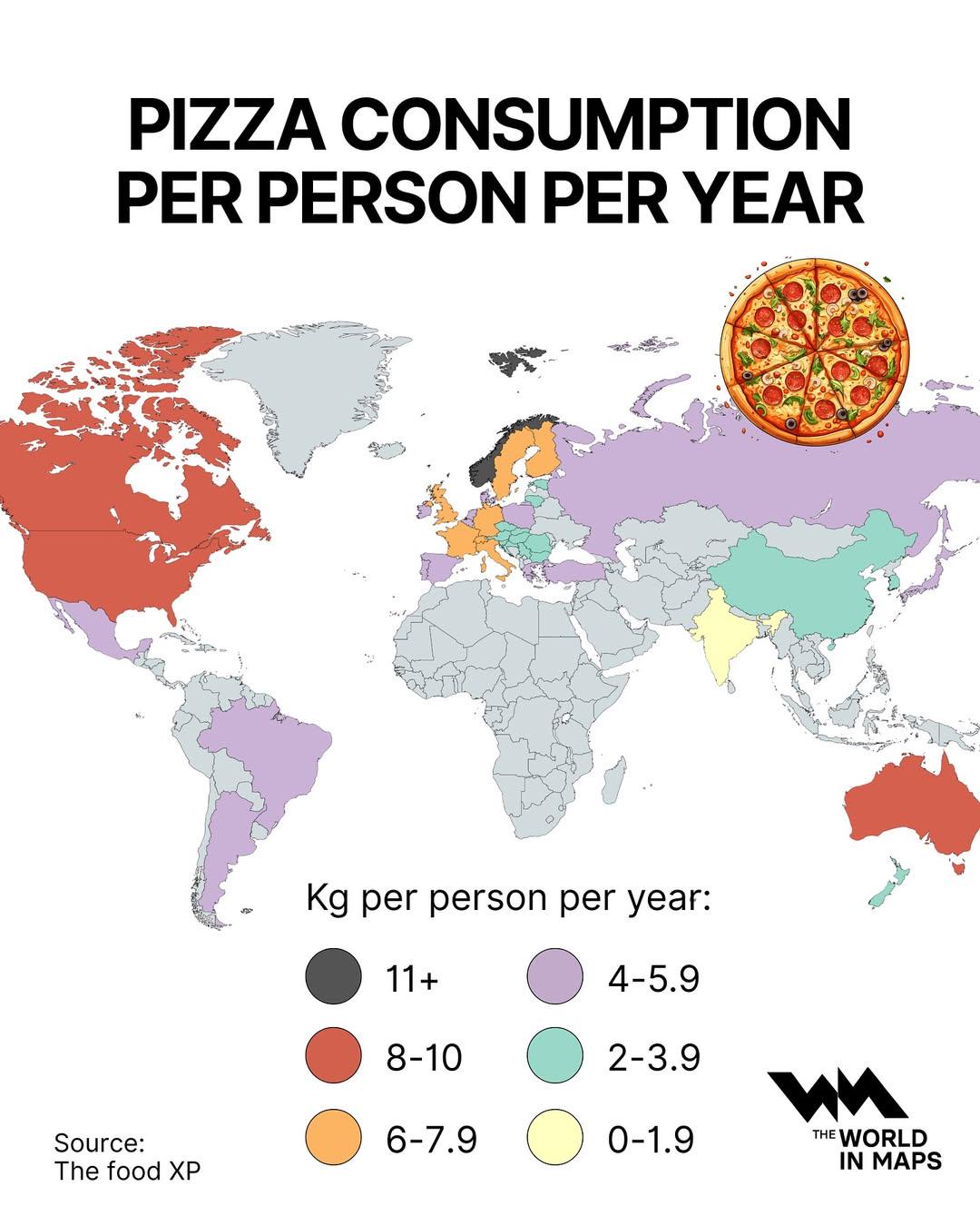 Spożycie pizzy na osobę rocznie na świecie