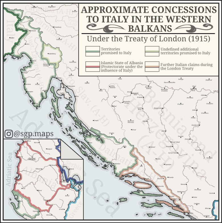 Przybliżone koncesje dla Włoch na Bałkanach Zachodnich na mocy traktatu londyńskiego z 1915 r.