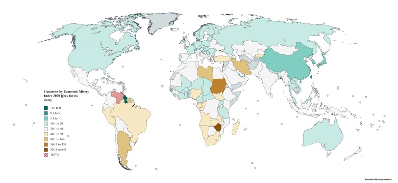 Poziom ubóstwa. Kraje według wskaźnika ekonomicznego ubóstwa (Economic Misery Index), 2020
