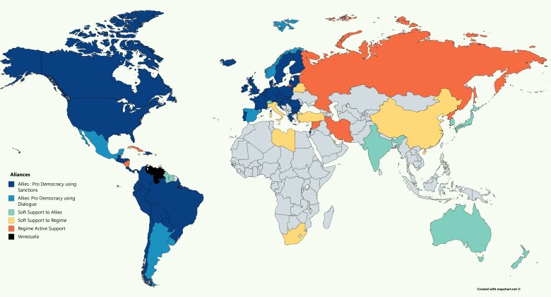 Mapa przedstawiająca międzynarodowe koalicje popierające reżim w Wenezueli