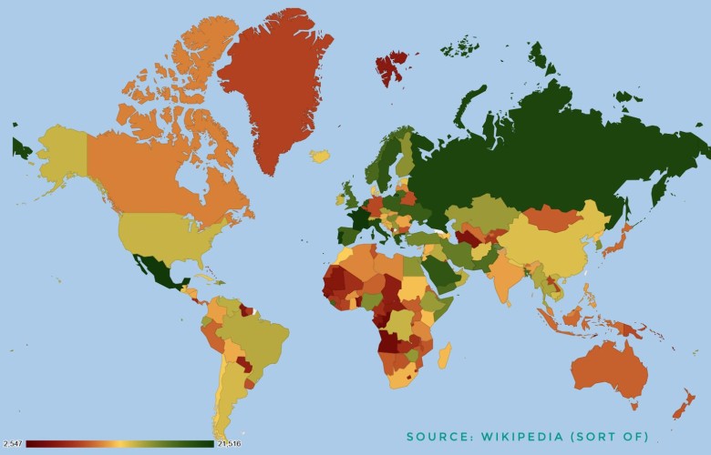 Kraje według liczby słów we wpisie w Wikipedii