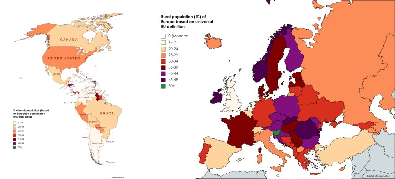 Odsetek ludności Europy i obu Ameryk mieszkających na obszarach wiejskich