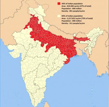 Mapa pokazuje, gdzie mieszka połowa ludności Indii
