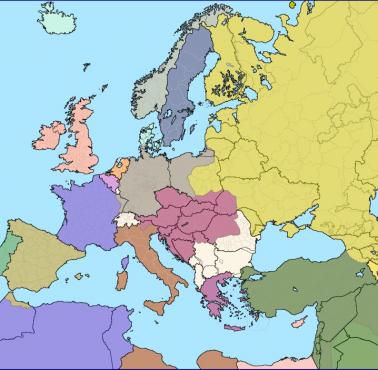 Współczesne granice europejskie nałożone na Europę w 1914 roku bezpośrednio przed I wojną światową