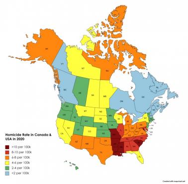 Wskaźnik zabójstw w USA i Kanadzie, 2020
