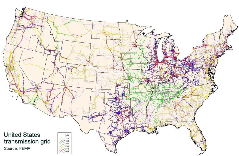Przesyłanie energii elektrycznej w USA. Główne linie przesyłowe