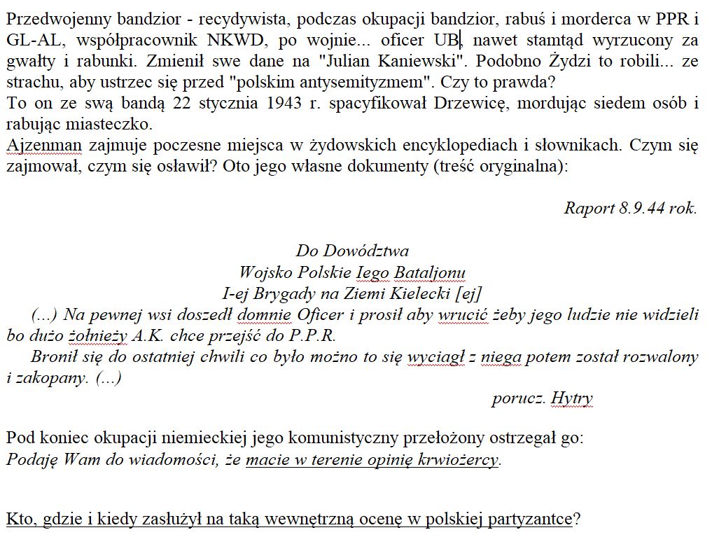 Żydowski partyzant Izrael Ajzenman (Chytry, Julek, Lew) był pupilkiem Króla Mokotowa płk. UB Józefa Goldberga