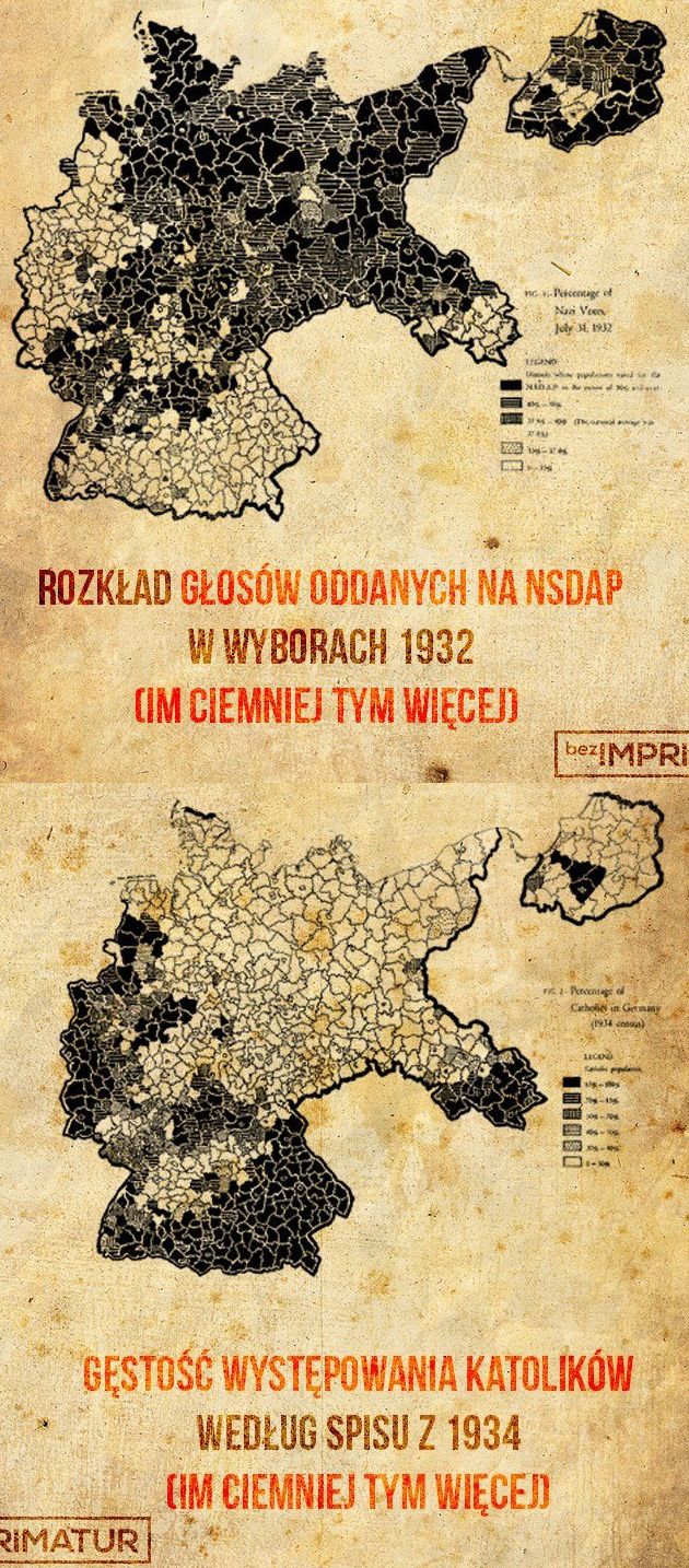 Głosy oddane na NSDAP w wyborach 1932 roku skorelowane z mapą wyznaniową III Rzeszy (spis 1934).