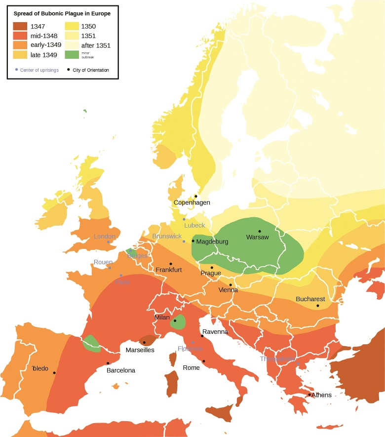 Rozprzestrzenianie się dżumy na terenie Europy w XIV wieku. Zielonym oznaczono miejsca wolne od epidemii.