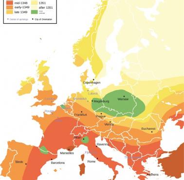 Rozprzestrzenianie się dżumy na terenie Europy w XIV wieku. Zielonym oznaczono miejsca wolne od epidemii.
